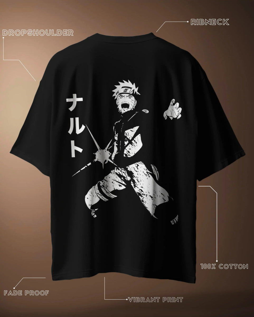 Naruto Oversized Anime Graphic T-Shirt in black with white Naruto character print and Japanese text