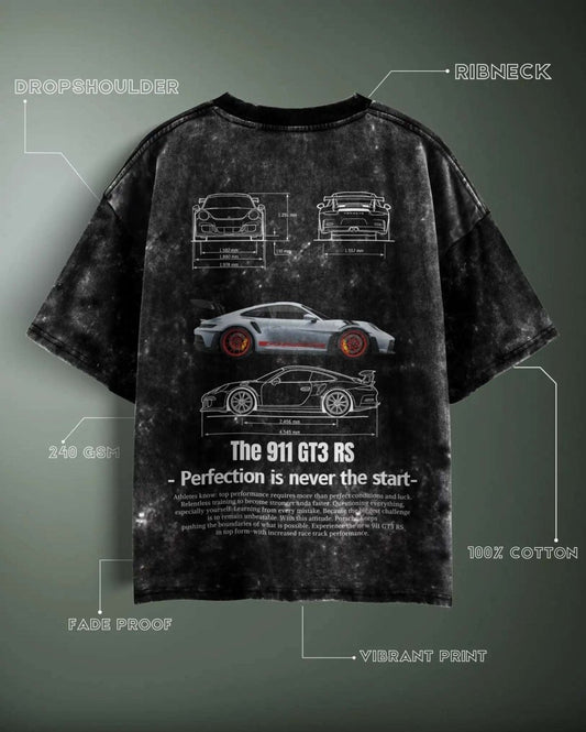 WEEBTOON Porsche Acid Wash Oversized Graphic T-shirt with car design and technical drawings on black fabric