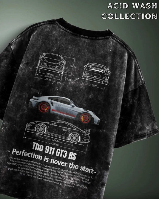 WEEBTOON Porsche Acid Wash Oversized Graphic T-shirt featuring detailed Porsche 911 GT3 RS car drawings and text