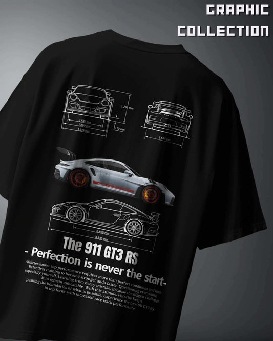 Oversized Porsche 911 GT3 RS graphic T-shirt in black featuring detailed car blueprint and side view illustrations