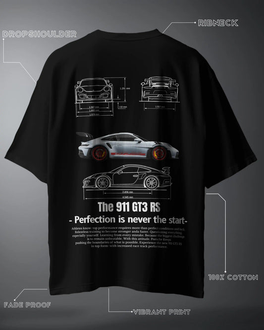 Oversized Porsche 911 GT3 RS graphic T-shirt in black with technical car blueprint and side view design