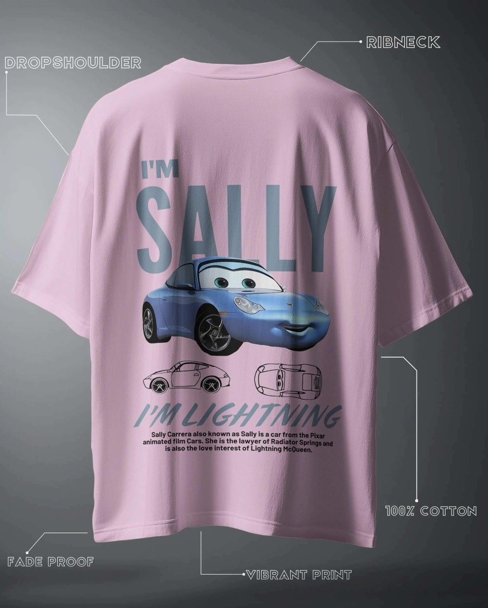 WEEBTOON pink Graphic Oversized T-shirt featuring blue cartoon car Sally with drop shoulder and ribneck design
