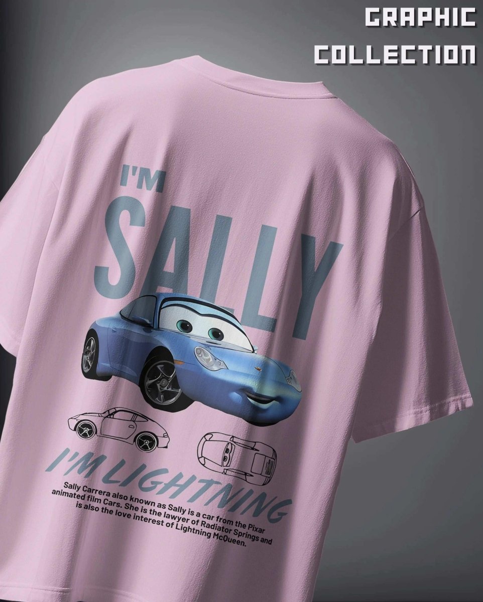 WEEBTOON Graphic Oversized T-shirt in pink featuring a blue cartoon car named Sally with text and car sketches
