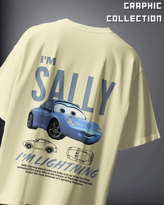 WEEBTOON Graphic Oversized T-shirt featuring a blue car character Sally from animated film with light beige background
