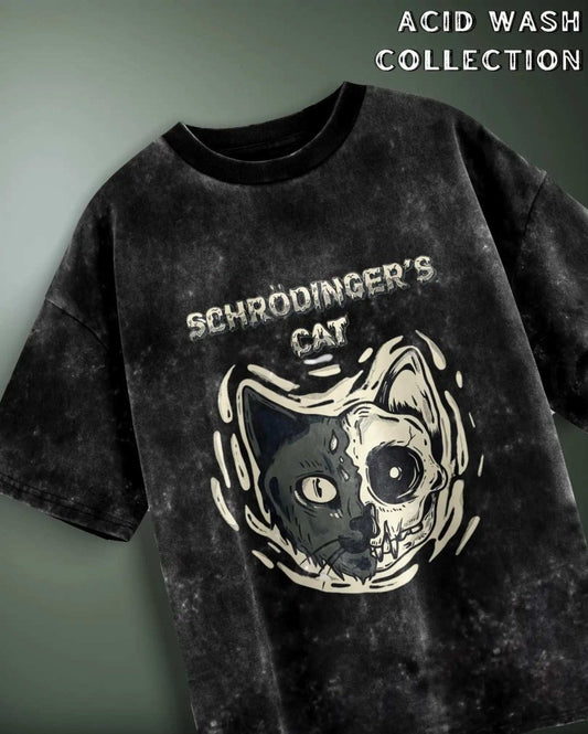WEEBTOON Acid Wash Oversized Graphic T-shirt featuring Schrodinger's Cat design in black and gray tones