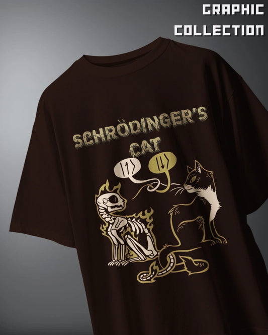 WEEBTOON Graphic Oversized T-shirt with Schrodinger's Cat skeleton and live cat design in black