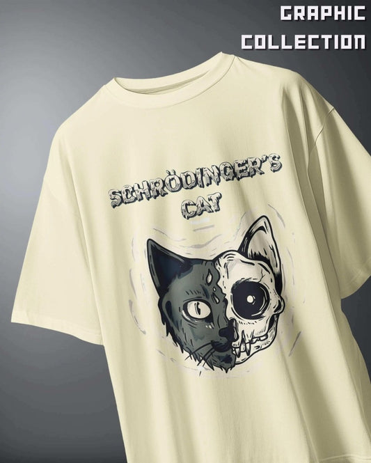 WEEBTOON Oversized Graphic Streetwear T-shirt with Schrodinger's Cat black and white skull design
