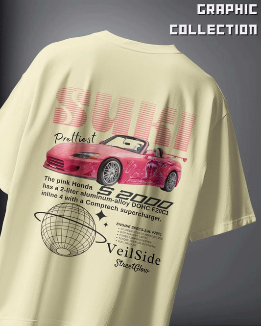 WEEBTOON Unisex Oversized T-shirt with pink Honda S2000 graphic and detailed text design