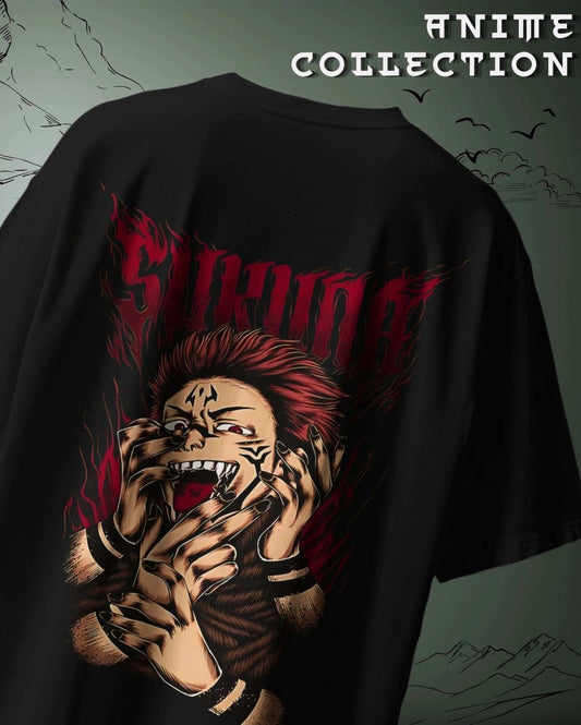WEEBTOON oversized graphic anime T-shirt featuring a fiery red anime character design on black fabric