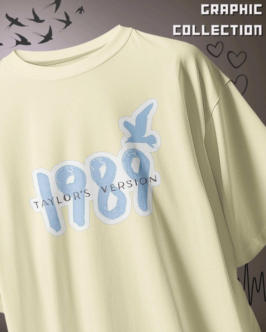 Taylor Swift Oversized T-shirt in beige with blue graphic text and bird design from WEEBTOON