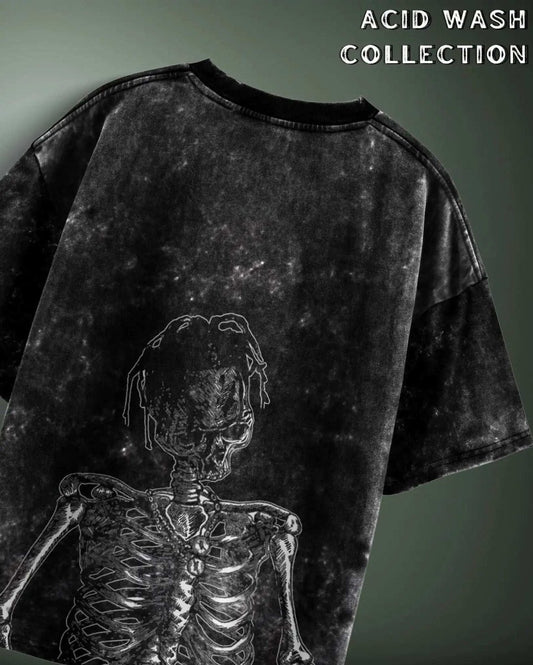 Travis Scott Acid Wash Oversized T-shirt in black with skeleton graphic design from WEEBTOON Acid Wash Collection