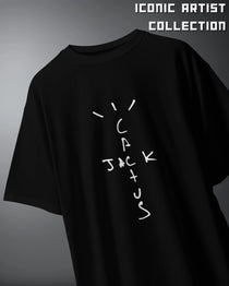 Black Travis Scott Oversized T-shirt with white stylized cactus and jack text design