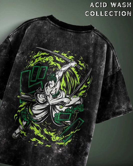 Zoro Acid Wash Oversized Anime T-shirt in black with green and white samurai graphic design