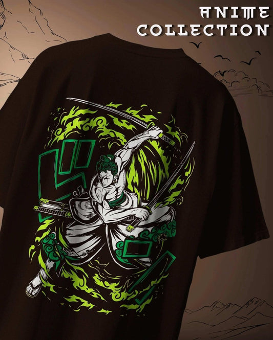 Brown Zoro Oversized Anime Graphic T-shirt featuring dynamic sword-wielding character with green flame design